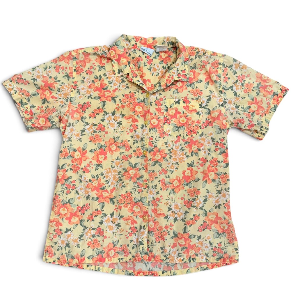 Bobbie Brooks Short Sleeve Button Down Shirt Yellow Orange Floral Womens Large